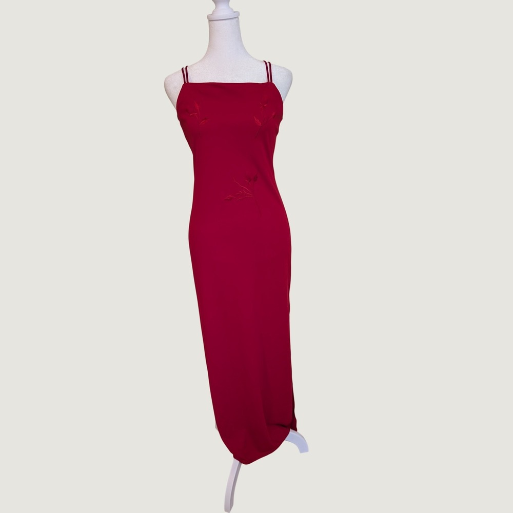 City Triangles Y2K Glam Red Rose Embroidered Maxi Dress Criss Cross Back Small